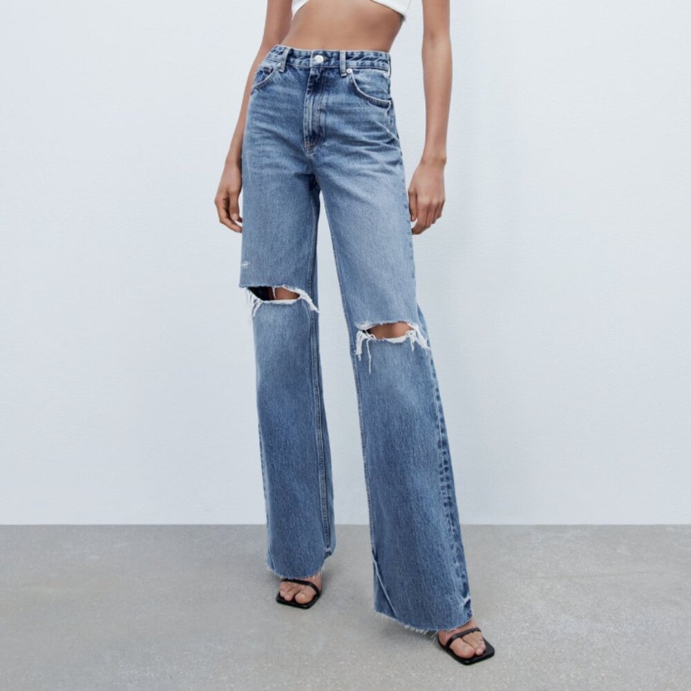 Zara Hi Rise Full Length Ripped Wide Leg Jeans